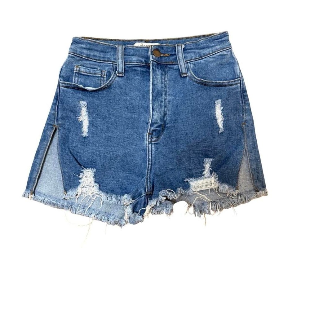 Vibrant MIU Womens Distressed High Waisted Denim Shorts Blue Side Slit Size M